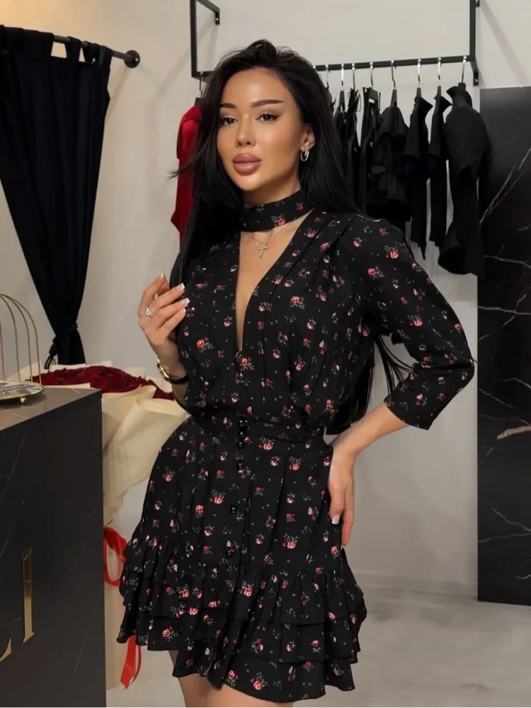 

Women Elegant Party Mini Dress Floral Mock Halter Collar Deep V Half Sleeve Tiered Ruffle Hem Button Front 2026 New Date Outfit
