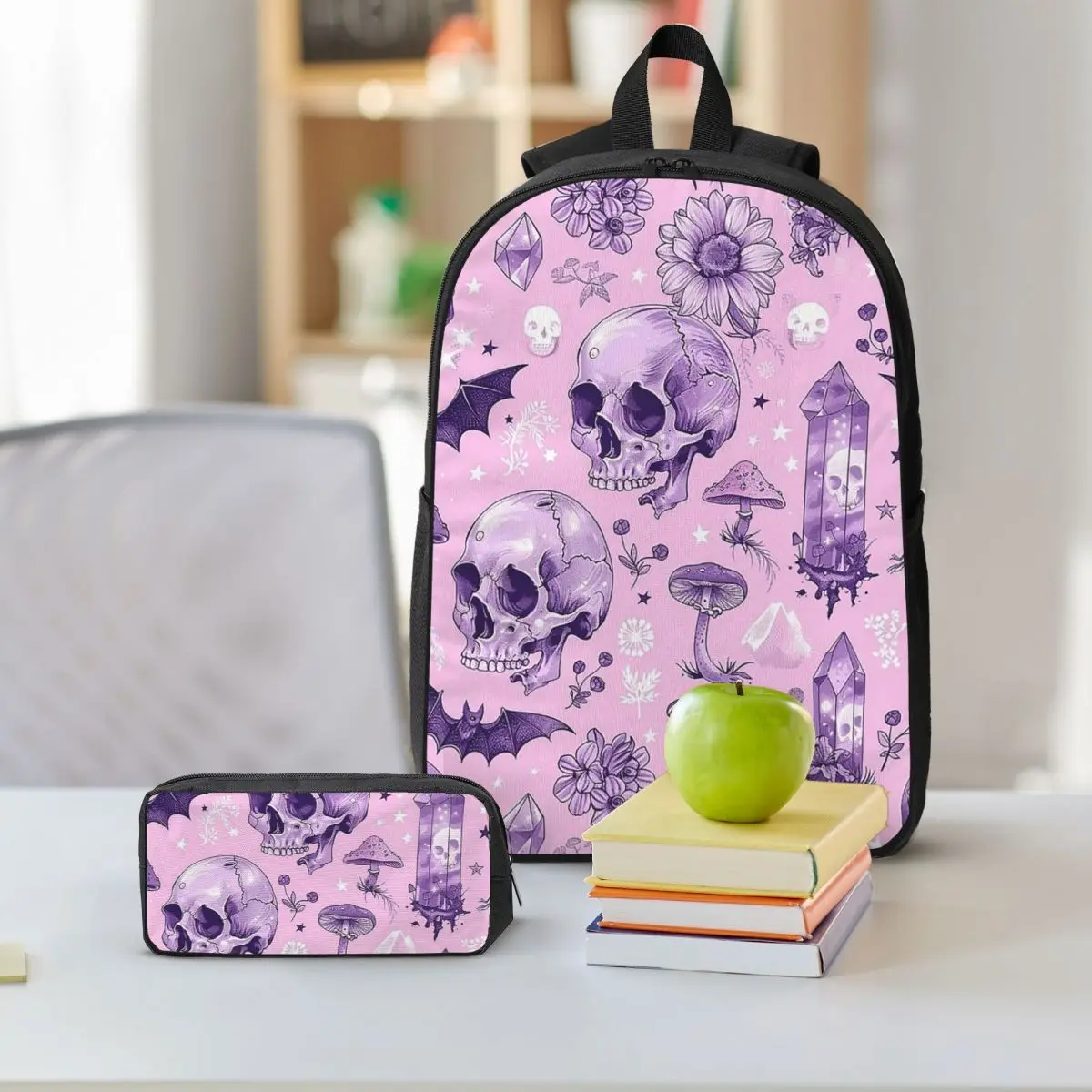 Halloween Pink Cute Magic Skull Pattern Backpack Boys Girls BookBag School Bag Shoulder Bags 3ps Insulated Lunch Bag Pencil Case