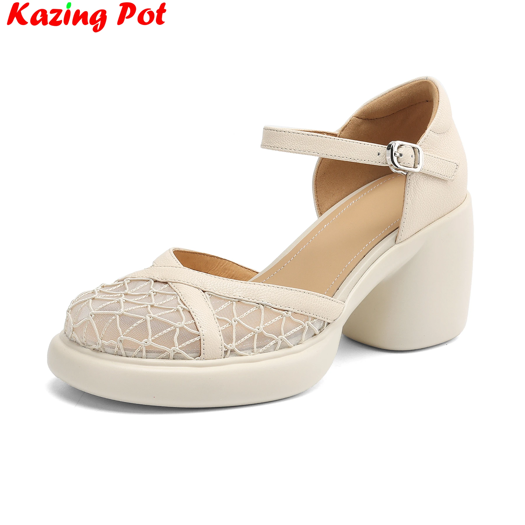

Krazing Pot Breathable Mesh Sheepskin Round Toe High Heels Summer Sandals Shallow Elegant Dating Platform Casual Ins Women Pumps