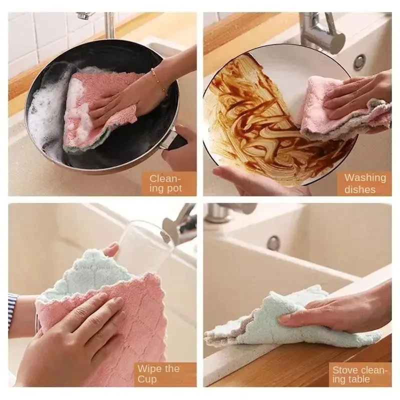 Double-layer Absorbent Microfiber Kitchen Dish Cloth Non-stick Oil Household Cleaning Cloth Wiping Towel Home Kichen Tool