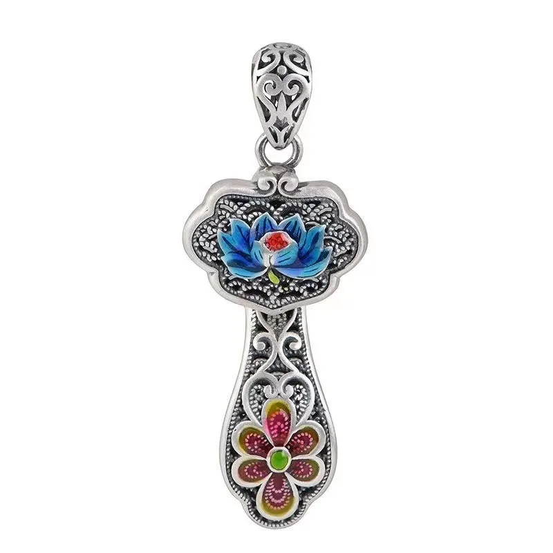 silver 925 Ruyi Lotus flower Pendant for Women Ethnic Style Colorful Enamel Craft Necklaces Classic and Exquisite Jewelry