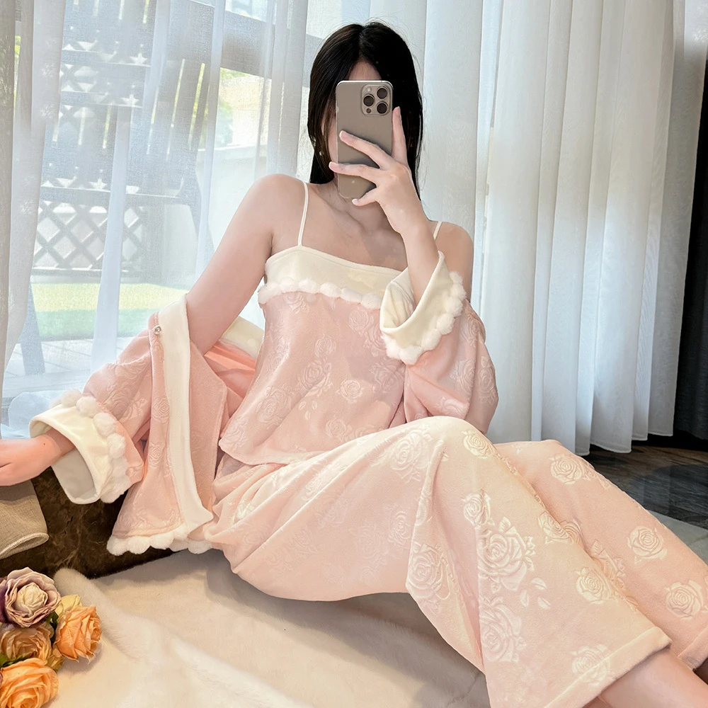 

Женский пижамный комплект из 3 предметов, одежда для сна, сексуальный слинг + нижнее белье + кардиган, брюки, пижамный костюм, зимний остров, бархатная домашняя одежда, одежда для дома