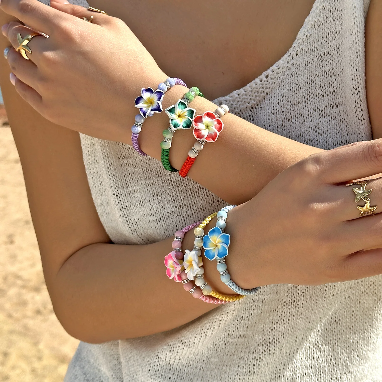 Handmade Bohemian Polymer Clay Y2K Sweet Colorful Egg Flower Braid Chain Bracelets for Women Jewelry Gift