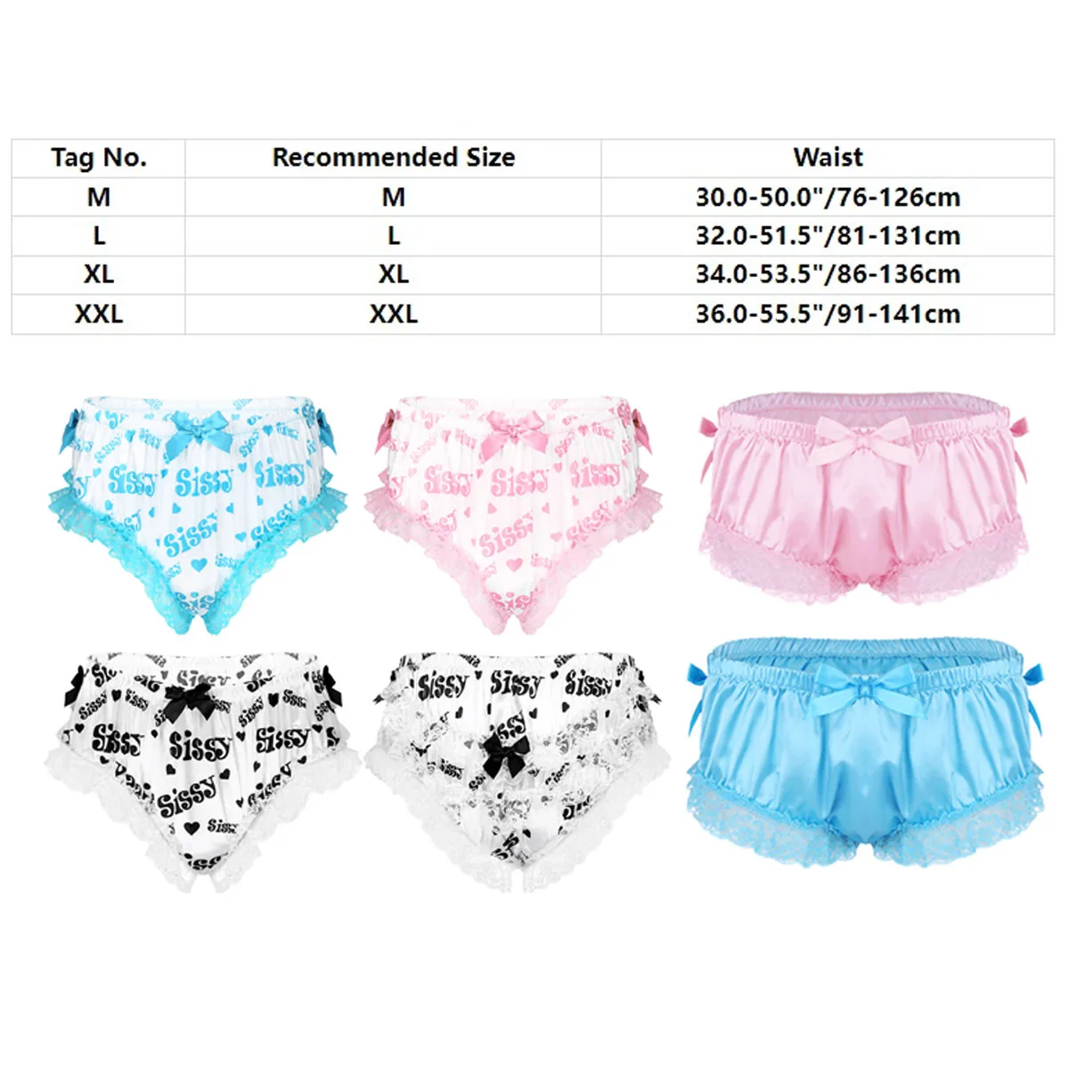 Sissy Gay Male Lingerie Panties Nightwear Sexy Shiny Satin Ruffled Lace Bowknot Crossdress Knickers Bloomers Briefs Underwear