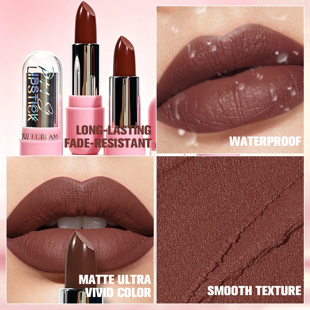 JUJU DREAM Dark Brown Matte Lipstick, Espresso Coffee Chocolate Nude Shade, Velvet Finish Deep-Tone Lip Makeup