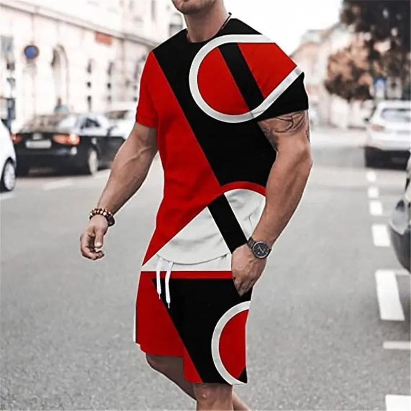 New Summer Men's Shorts  T Shirt Set 3D Color Block Print Sporty Fashion Short Sleeve 2 Piece Breathable fabric