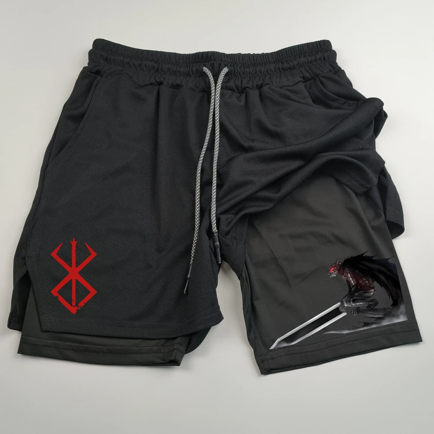 Heren Sportshorts Anime Berserk Guts Sneldrogend Ademend 2 In 1 Dubbellaagse Shorts Met Sportfitness Gymshorts