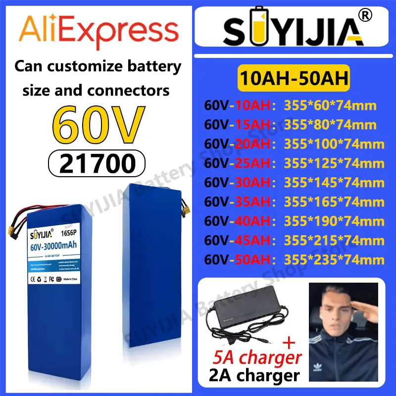 Electric Vehicle Battery 60 V、21700、45Ah、50Ah、10Ah、15Ah、20Ah、25Ah、30Ah、35Ah、40Ah，+67.2V  Charger, Built-in BMS 0-3500W