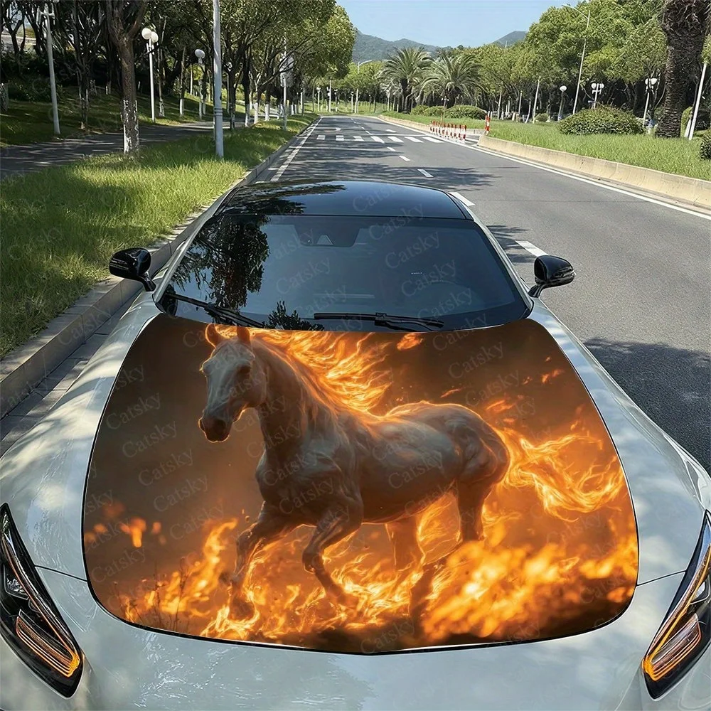This striking car hood wrap features a  horse engulfed in flames, creating a bold and fiery design that commands attention on th