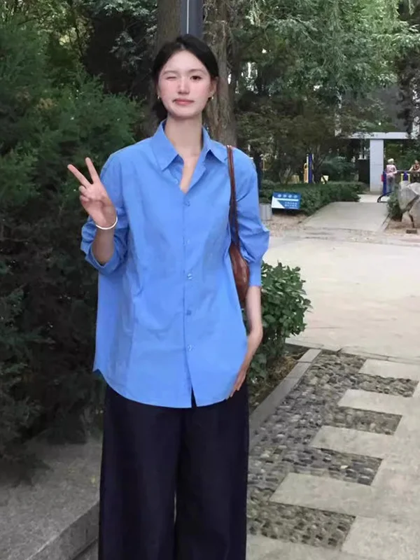 

Blue Long Sleeve Women's Shirt Spring Autumn Design Korean Style Loose Fit Outerwear Cardigan Hong Kong Style Top