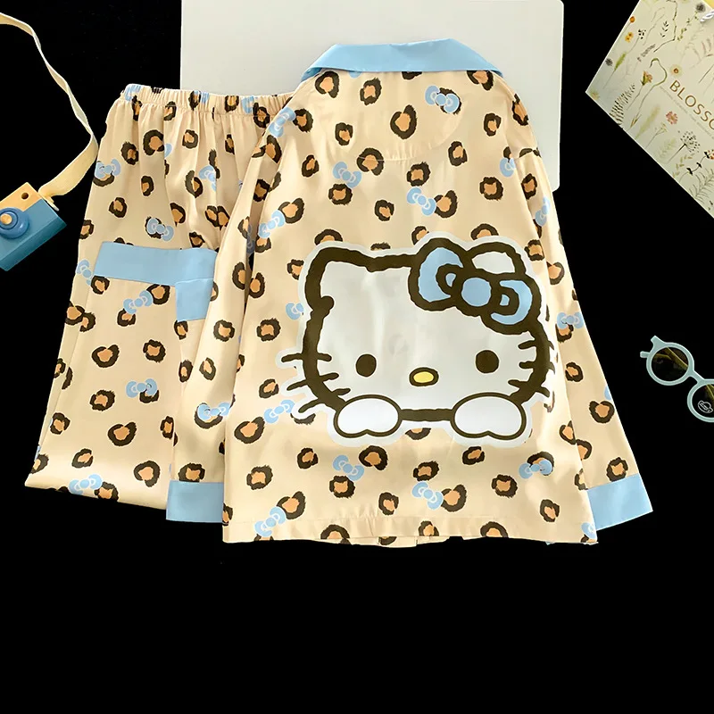 

Милый комплект домашней одежды Hello Kitty с леопардовым принтом для детей и родителей: весенне-летние кардиганы и пижамы из ледяного шелка для девочек