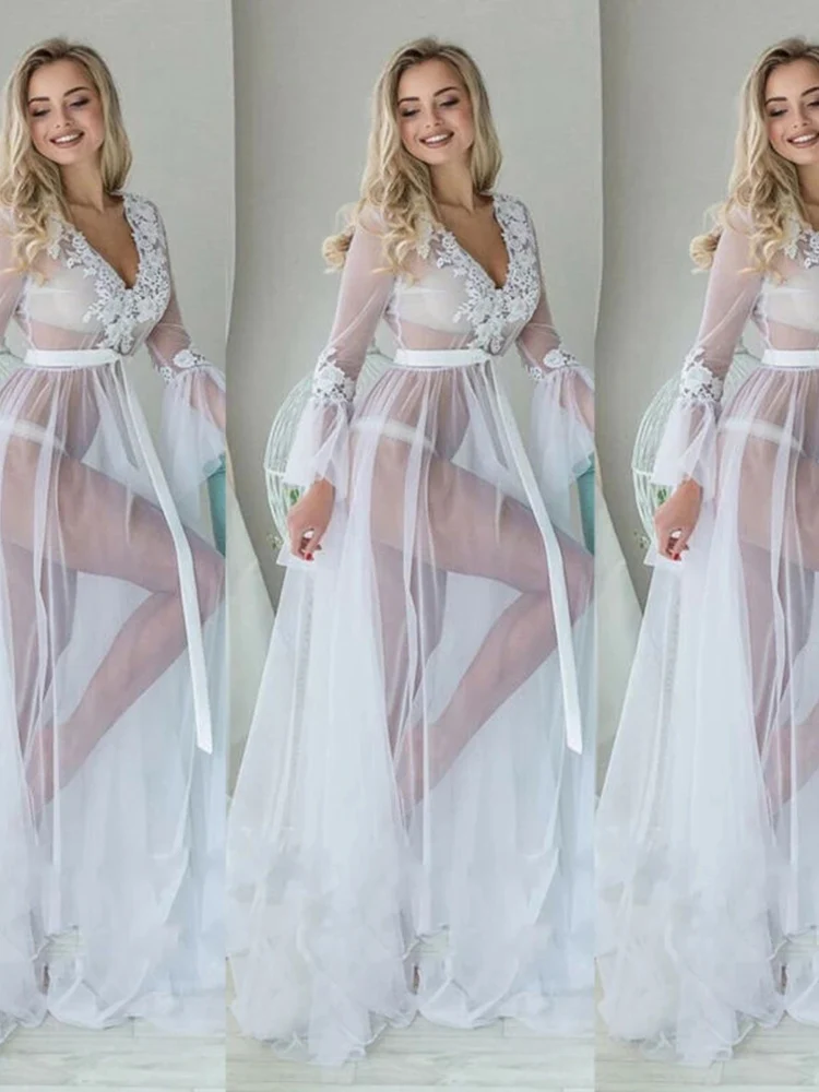 Women Sexy Long Petal Sleeve V Neck Lace See Through High Waist Lace Up Maxi Dress White Beach Bathing Wrap Bikini Cover Ups