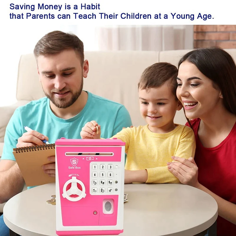 Hucha con huella dactilar para niños, caja de seguridad con contraseña, juguete electrónico, cajero automático, Banco de Ahorro, color rosa y blanco