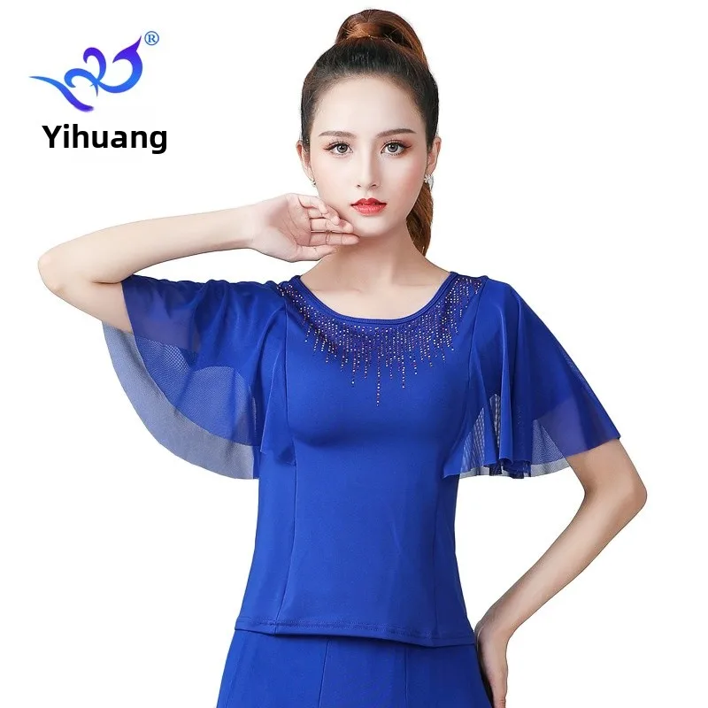 Haut de danse carré pour femmes, rond Ne ort Sve, vêtements de danse à la mode, support moderne, vêtements de pratique sociale latine