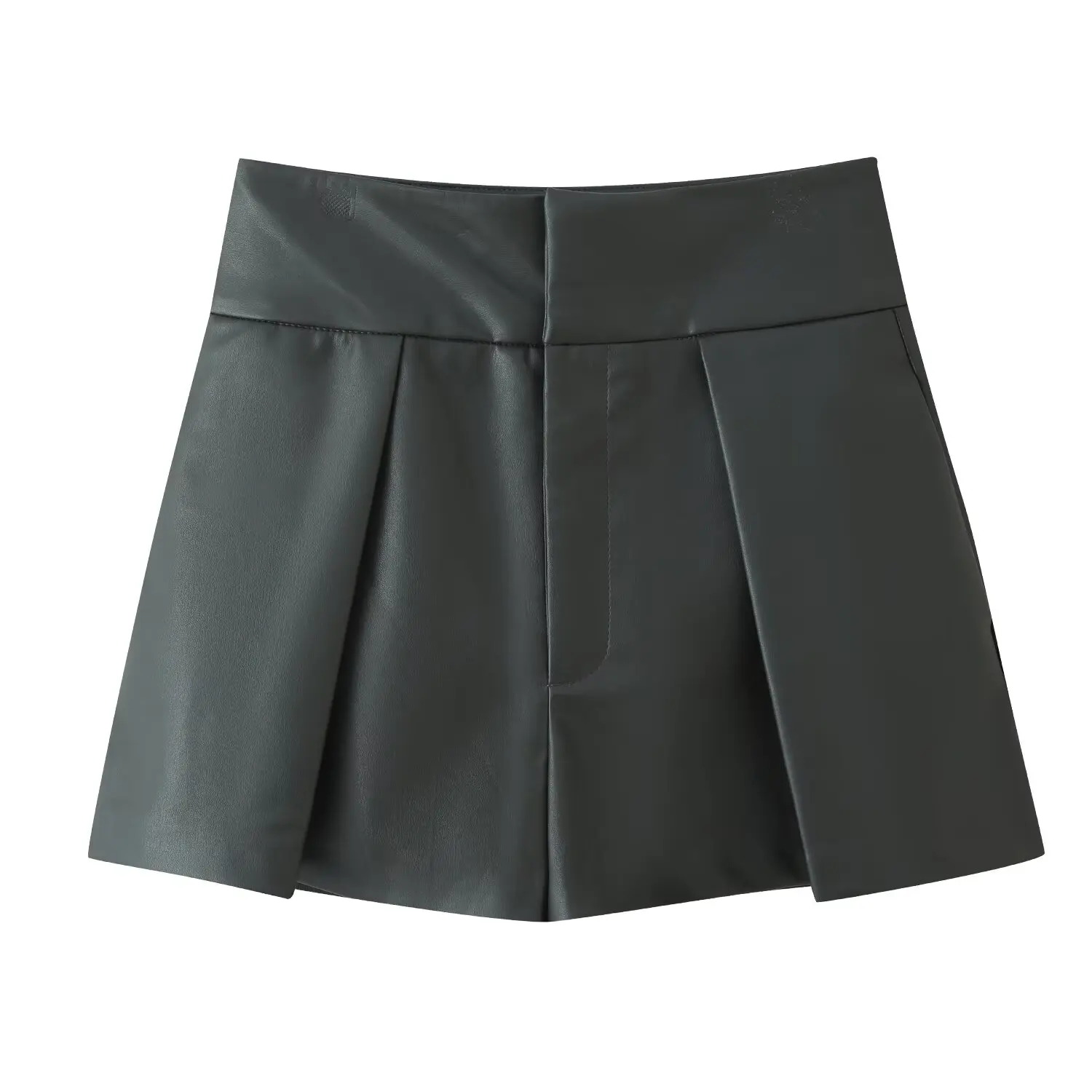 Leather Effect Pleated High Waist Casual  Shorts for Women High Waist Folded Design Other Material Ladies' Pants
