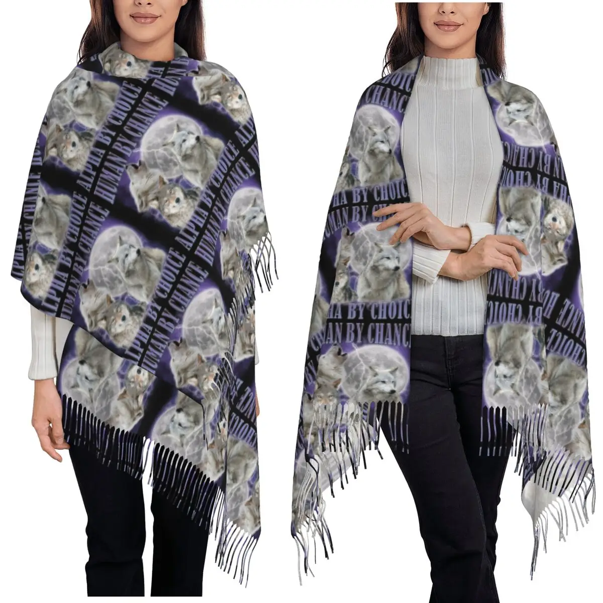 Human By Chance Alpha By Choice Wolf Meme Scarf Tassel Scarves for Women Soft Warm Shawls and Wraps Long Fall Winter Shawl Wrap