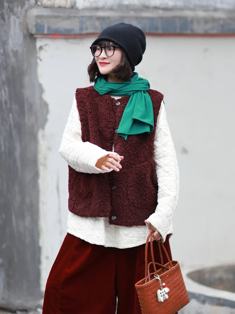 

Muede Original Women's Winter New Thiened Lamb Fur Vest Svel Versatile Warm Commute Sle round Ne Single Button Po...