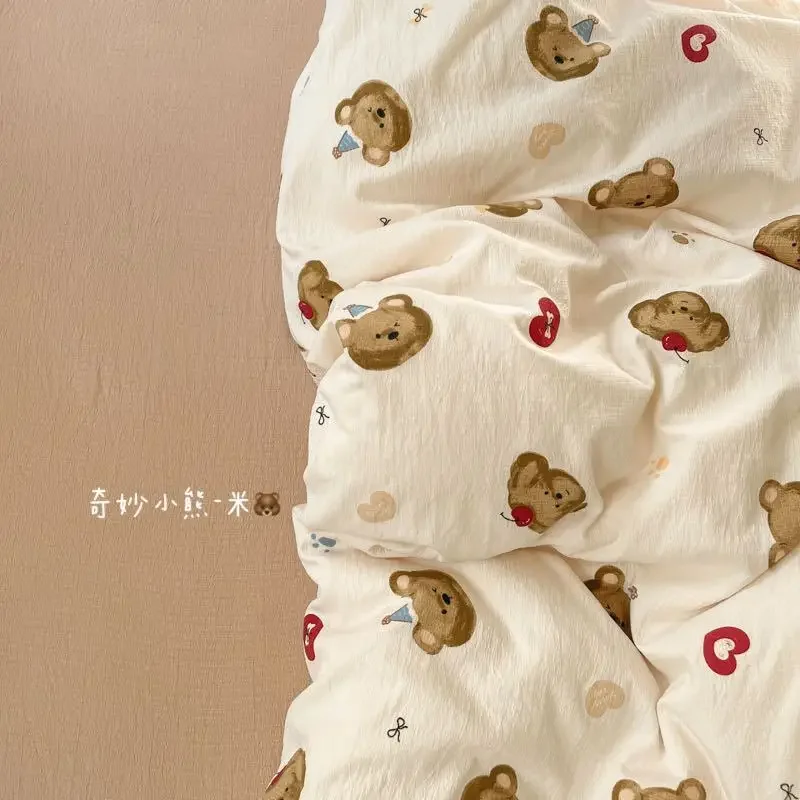 Ins Korean Style Bedding Set 2025 New Washed Cotton Cartoon Bear Bed Sheet Set for Girls Duvet Cover Set Pillowcase No Filling