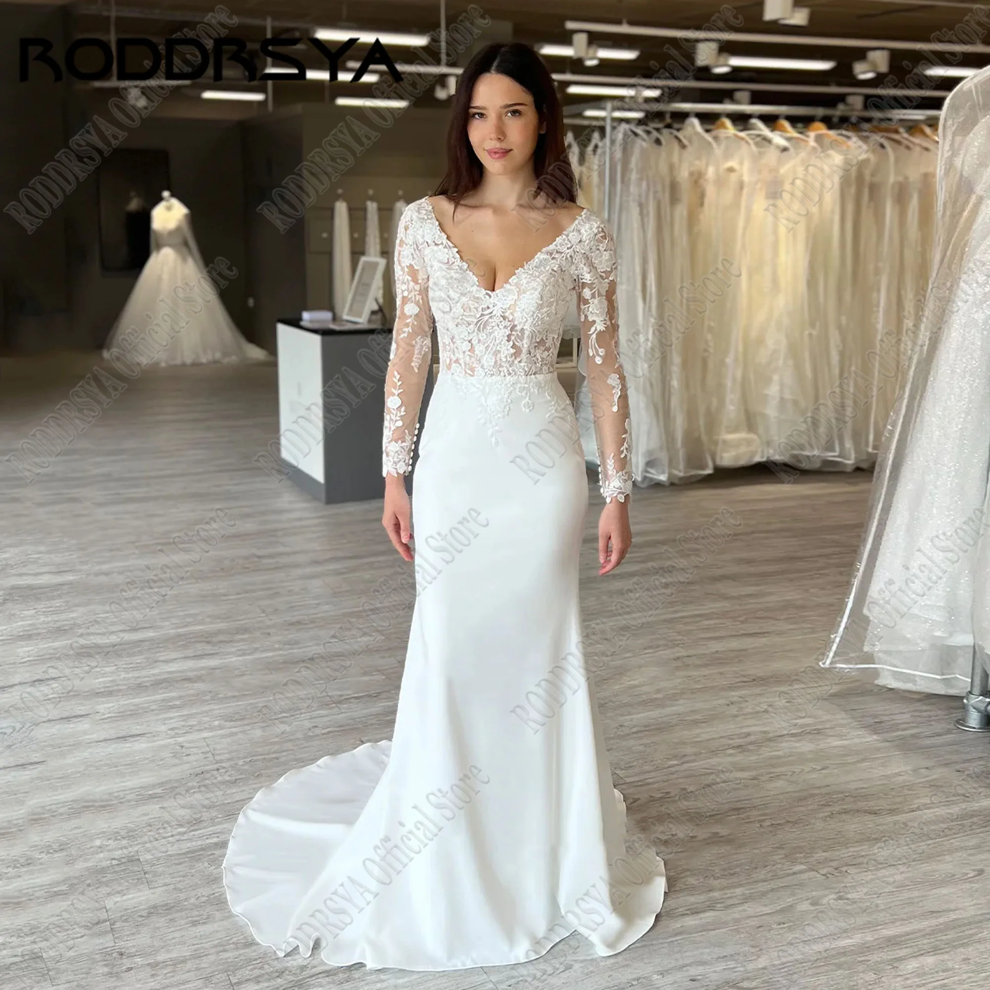 RODDRSYA Sereia Cetim Vestido De Noiva Mulheres Manga Comprida Applique Vestido De Noiva Lace V-Neck Elegante Vestidos De NoviaRODRSYA Sereia Cetim Vestido de Noiva Mulheres Mangas Longas Applique Vestido De Noiva Lace