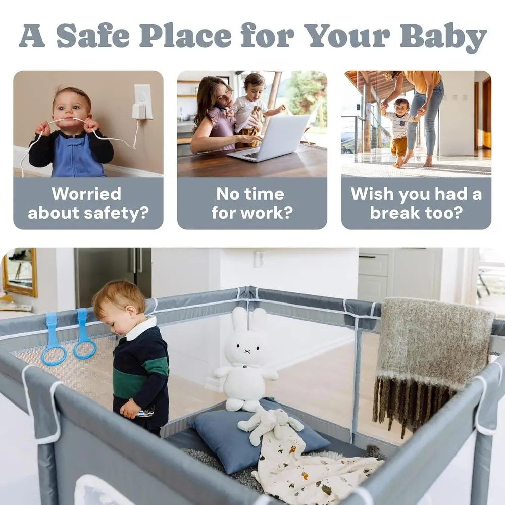 Bardzo Duży Szary Park Zabaw - Siatka 70x59 dla Niemowląt i Małych Dzieci z Tkaniny Odporną na Rozdarcia, Mocowanymi na Przyssawki, Oddychającym Zamkiem i 3