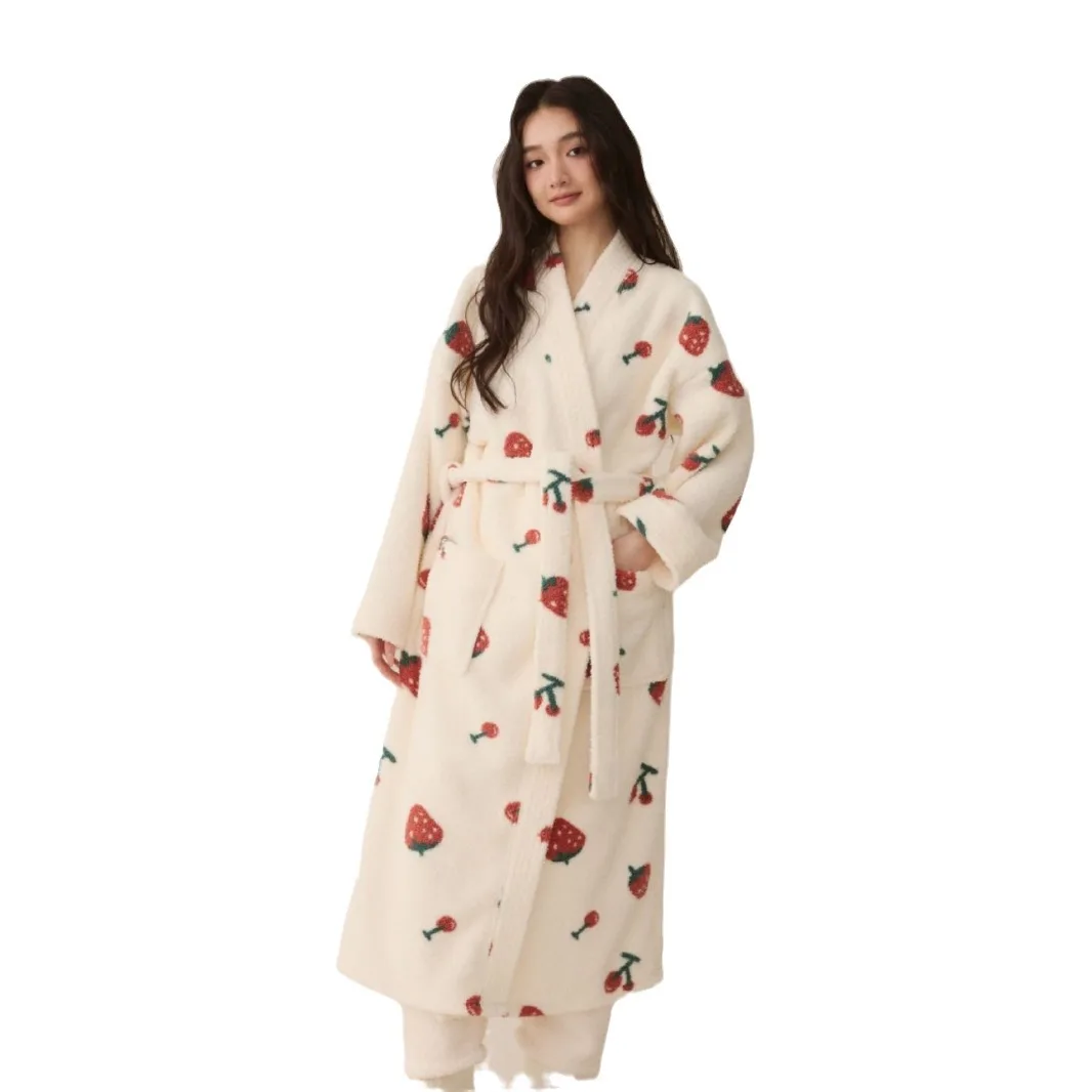 Women\'s Winter New Kimono Robe Ladies Coral Fleece Plush Warm Long Bathrobe Nightgown Sleepwear Female Thick Flannel Homewear