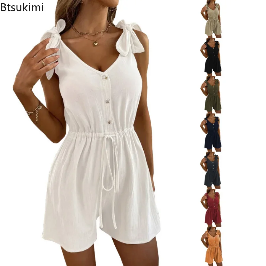 

2025 Summer Sexy Chic Jumpsuits Women V Neck Sleeveless Lady Short Playsuits Loose Casual Solid Beach Rompers Female Clothing