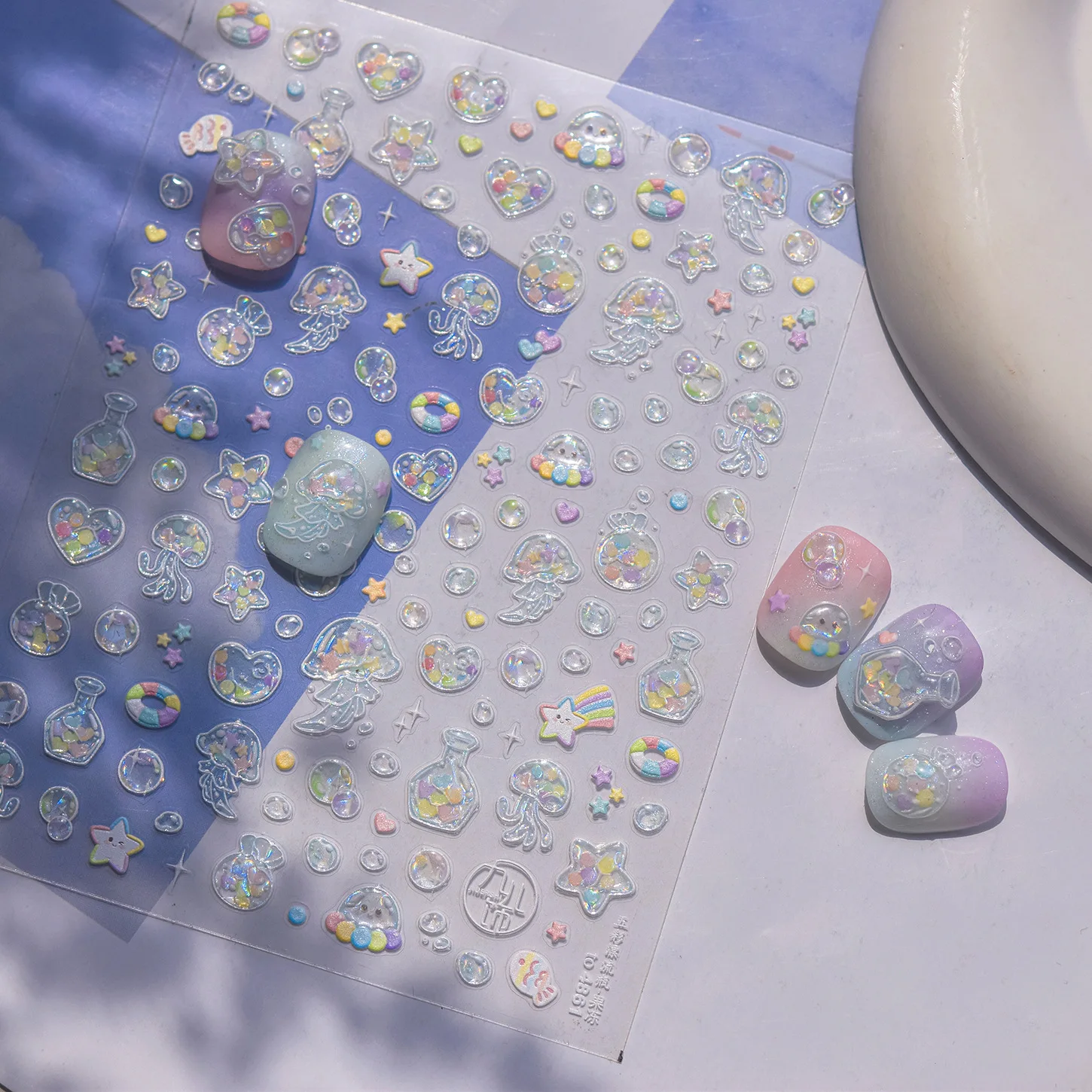 Burbujas brillantes estrellas Dreamy Ocean Shell Concha estrella de mar medusas coloridas 5D pegatinas para decoración de uñas calcomanías autoadhesivas para manicura DIY