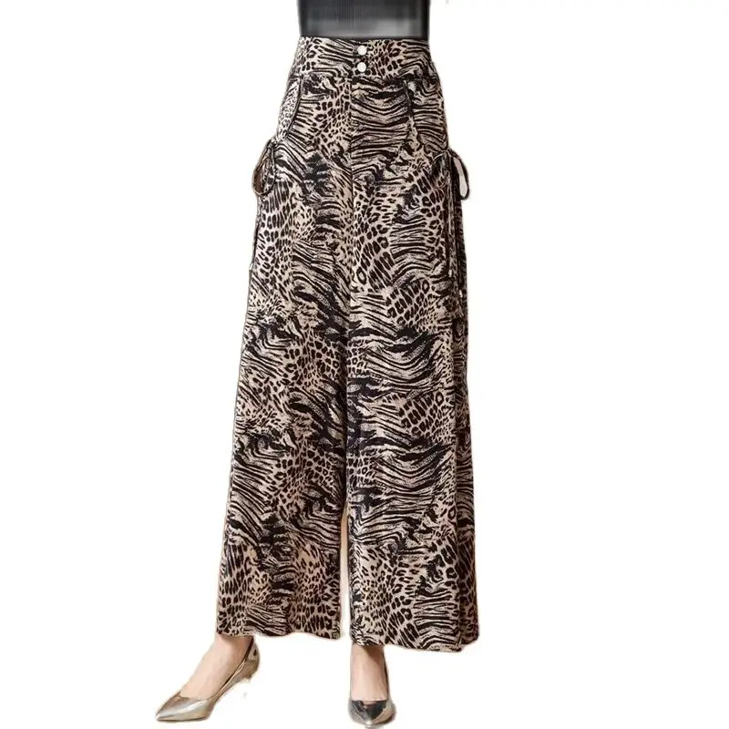 

Leopard Wide-Leg Pants Women's Spring And Summer High Waist Drooping Casual Pants Silk Nine Elegant New Ladies Long Pants
