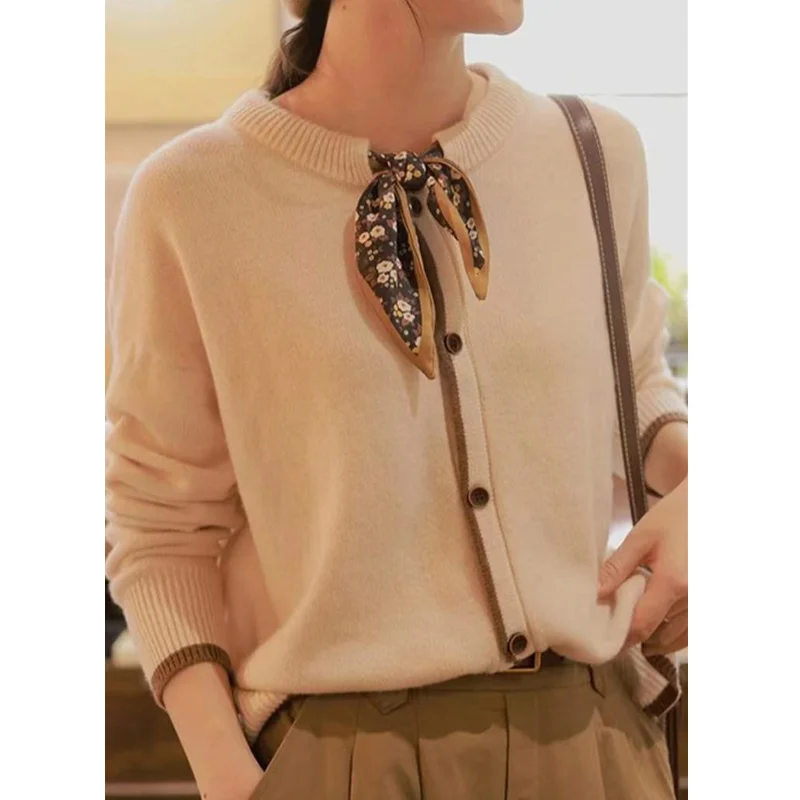 Bow-tie ribbon pure cashmere cardigan sweater early spring temperament round collar loose wool coat