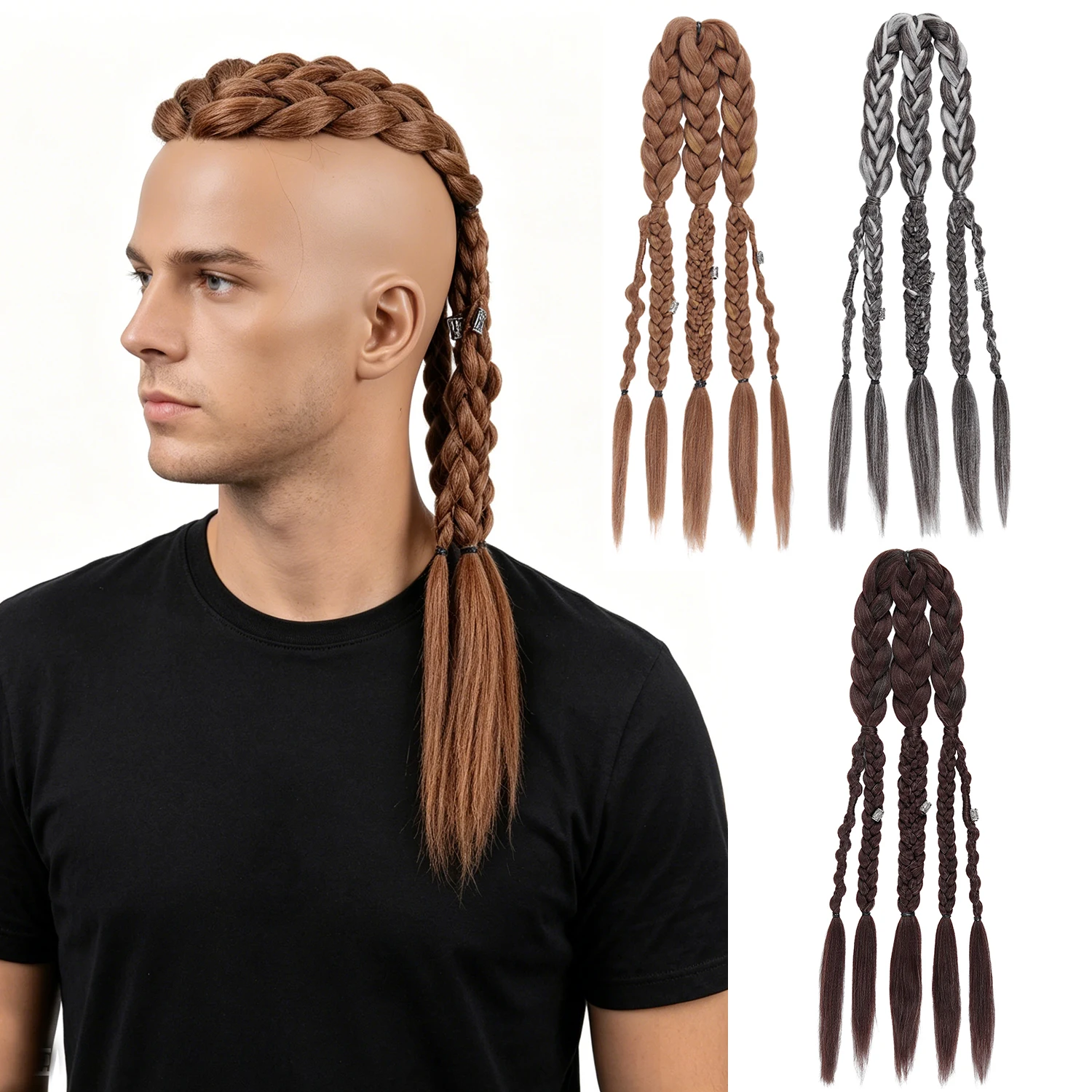 Men's Wig Viking Mohawk Cornrow Punk Biker Ponytail Synthetic Hair 5 Thick Braids With Metal Rings For Cosplay Daily Rugged look