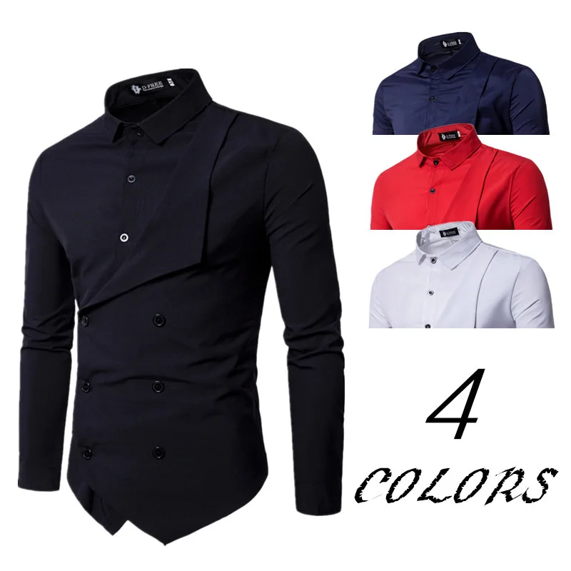 Men's Personalized Double Breasted Fake Two Long Sleeved Shirts for Foreign Trade, French Casual Solid Color Slim Fit Shirt