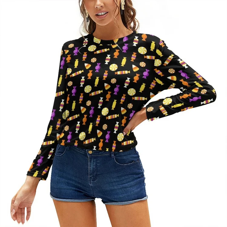 Jersey, para mujer, de manga larga con cuello redondo y estampado de Horror para Halloween, Jersey informal de otoño con diseño 3d de calabaza y caramelo, 2024