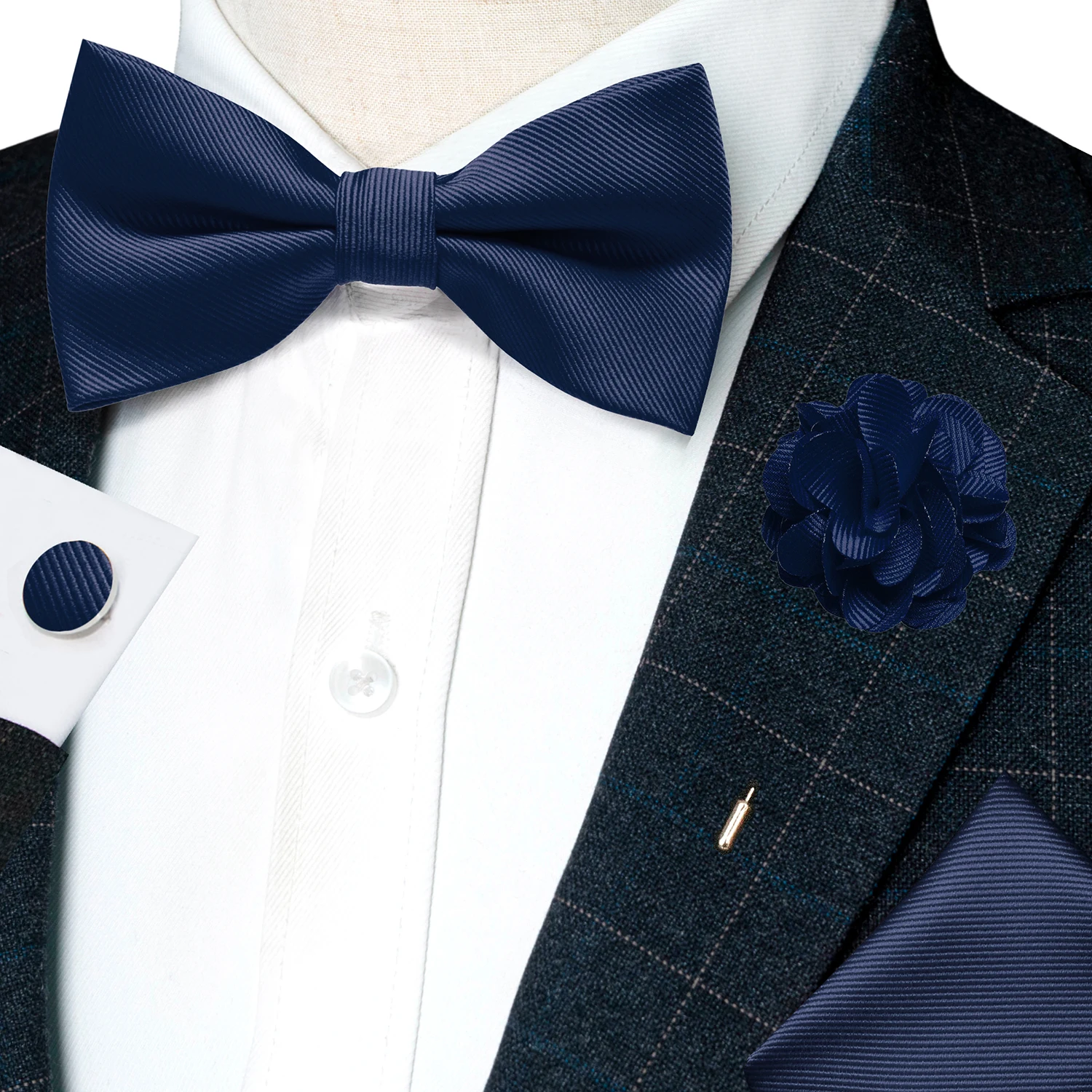 Hochzeits-Fliege für Herren, einfarbig rosa, vorgebundene Fliege, Einstecktuch, Manschettenknöpfe, Corsage-Set, Party, Business, Seiden-Schmetterlingsknoten, Geschenk – Detail 20