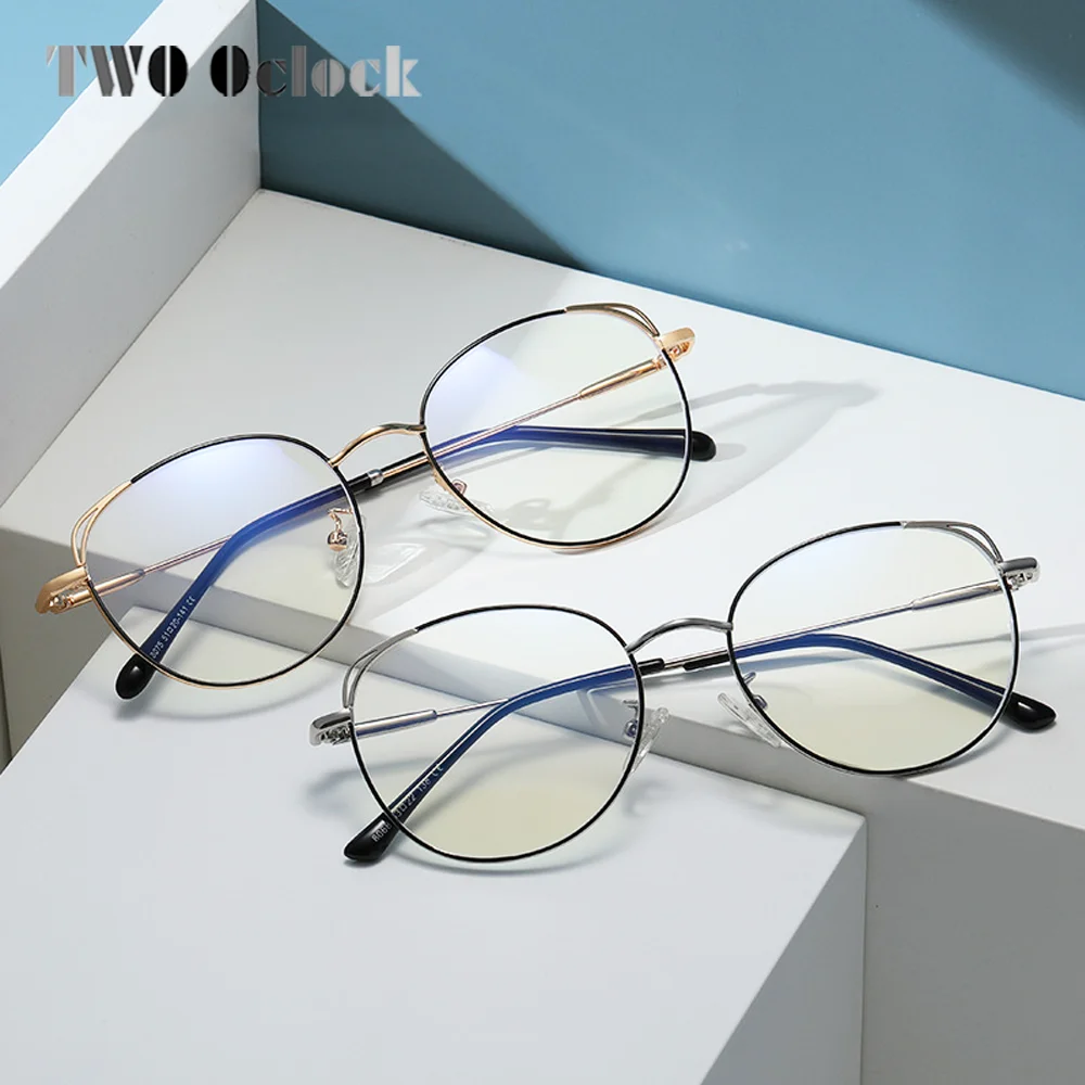 TWO Oclock Female Fashion Eyeglass Frame For Women Blue Light Protection Silver Gold Metal Rims 0 Diopter Optical Myopia Frame