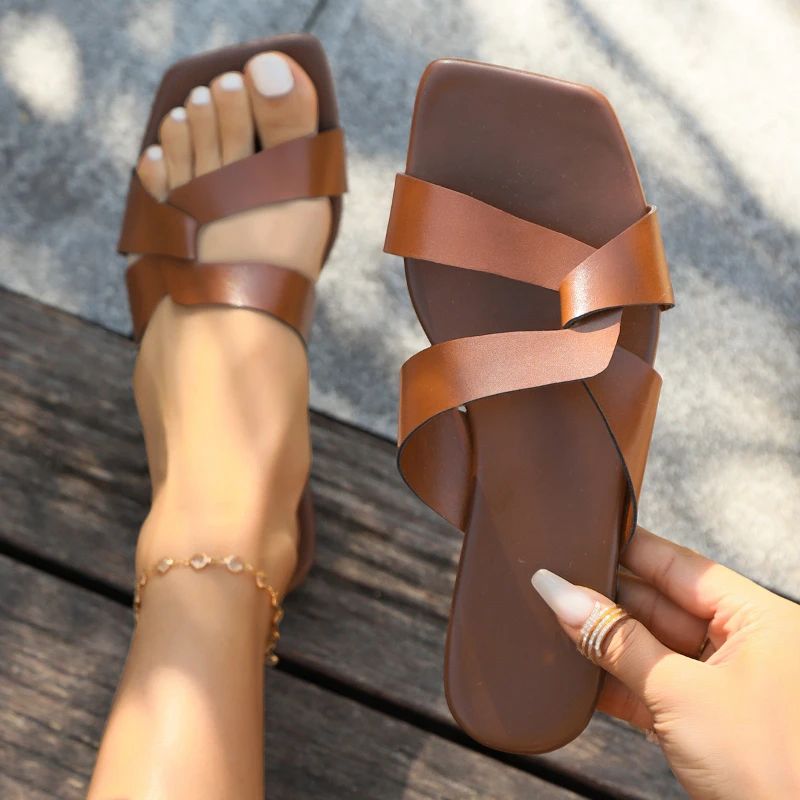 Summer New Square Head Solid Color Leather Surface Open Toe Hollow Sexy Outwear Women's Sandals and Slippers Single Shoes