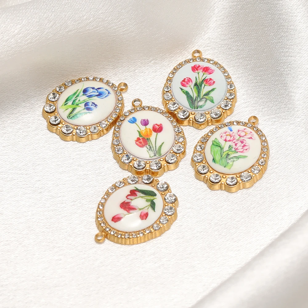 3 Stück Edelstahl-Zirkon-Oval-Emaille-Blumenanhänger für DIY-Muttertagsgeschenke, Schmuckherstellung von Halsketten, Anhängern, Armbändern und Ohrringen – Detail 5