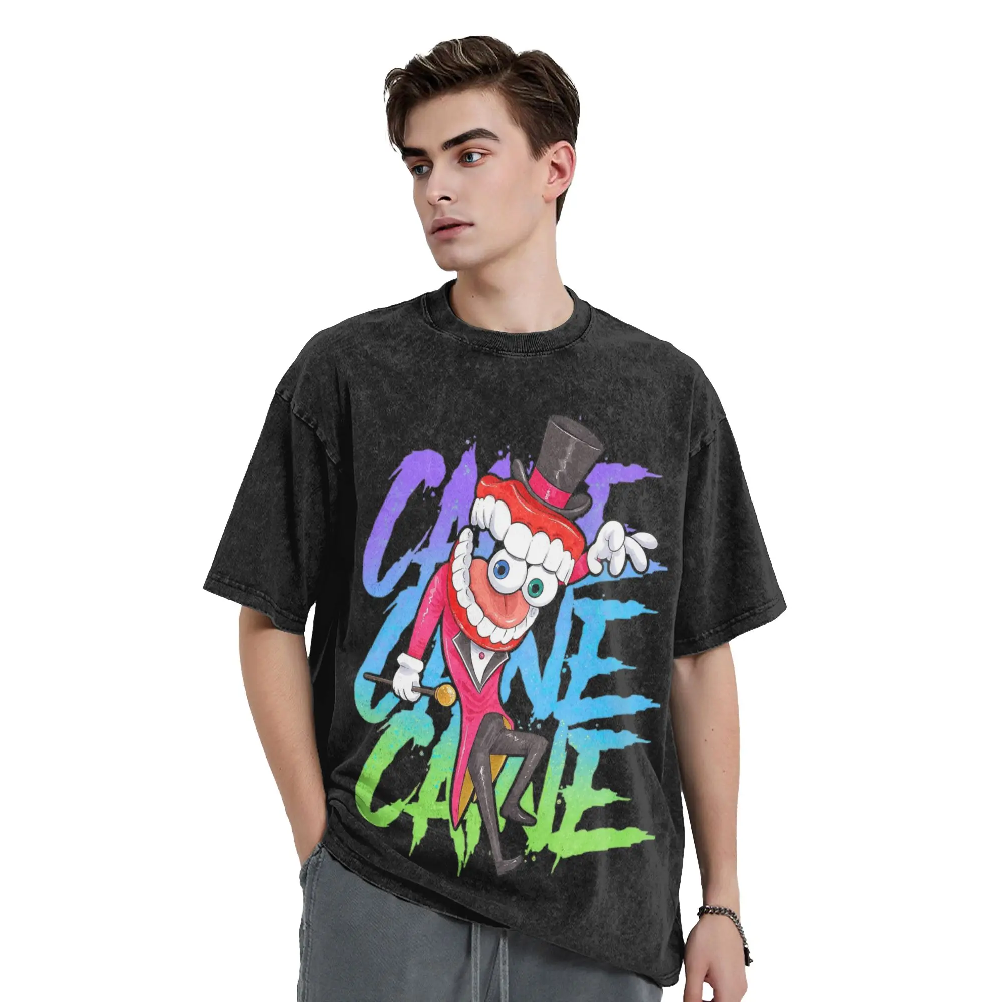 Cartoon Digitals Circus Washed T Shirt Streetwear Vintage T-Shirt  Tees Tops Men Women Cotton Harajuku Graphic Printed