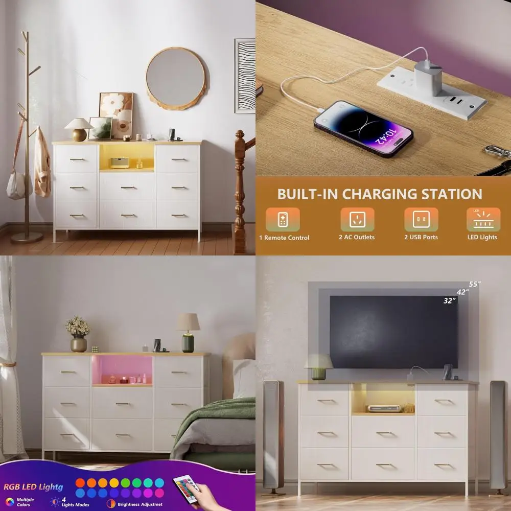 

LED-Illuminated Dresser with Power Outlets and 8-Drawer TV Stand for 55 TVs, Fabric Storage Chest for Bedroom, Living Room, and