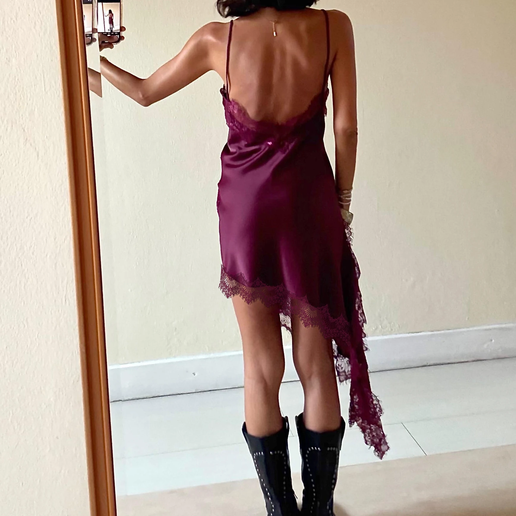 Deep Burgundy Asymmetrical Slip Dress for Women Sleeveless Spaghetti Strap Dress Lace Accents Casual Party Going Out Dress