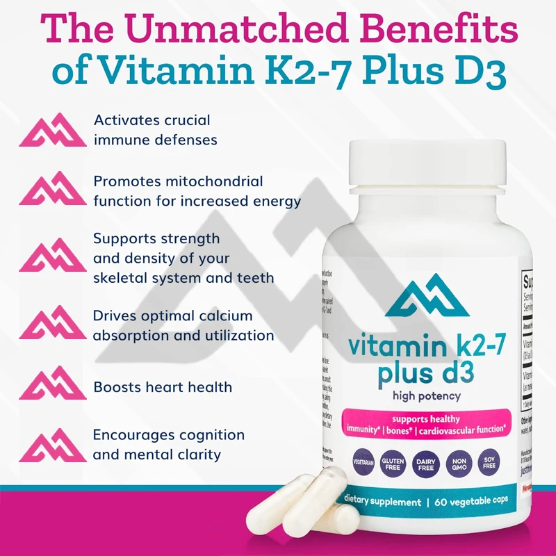 Vitamina K2-7 Plus D3- un complemento para la salud inmune, del corazón y del hueso que mejora la bioavailabilidad con 60 cápsulas de verduras