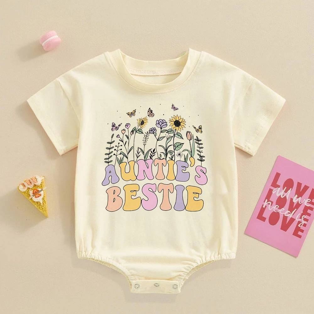 

Aunties's Bestie Flower Printed Baby Bubbles Romper Infant Summer Large Bodysuit Newborn Short Sleeve Jumpsuit Baby Shower Gift