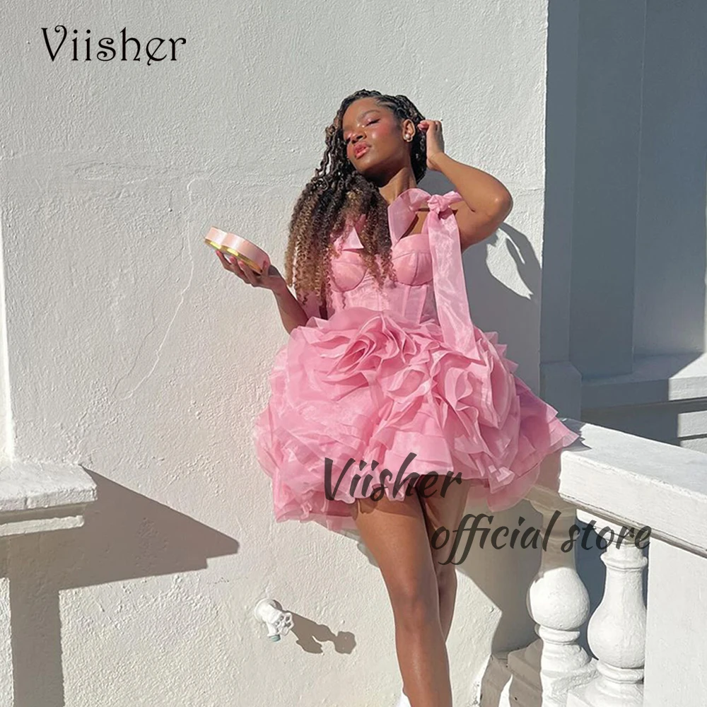 

Pink Organza Short Prom Dresses Bow Straps Sweetheart A Line Evening Party Dress for Teens Homecoming Graduation Gowns