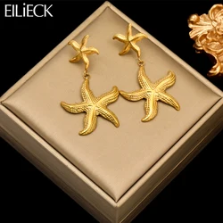 EILIECK 316L Stainless Steel Gold Color Starfish Pendant Earrings For Women Fashion Ear Dangle Waterproof Jewelry Holiday Gift