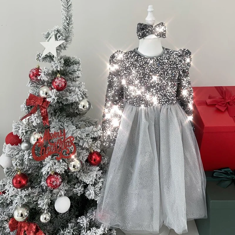 Girls Red Sequined Shining Princess Dress Autumn Winter Full Sleeve Christmas Costume 3-8 Year Kids Birthday Party Tulle Dress