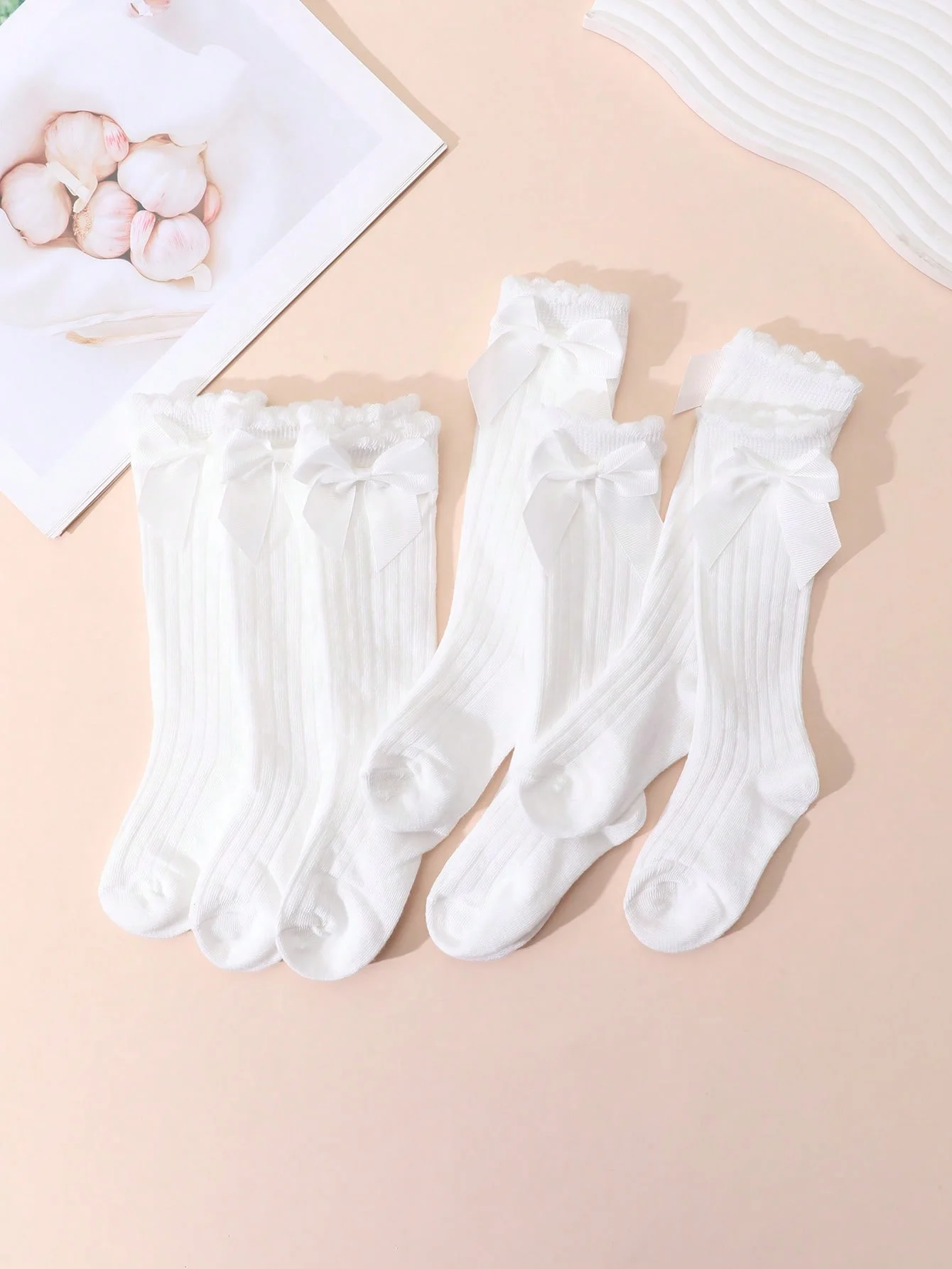 6 Pairs of Girls' White Bow Decorated Ankle-Length Stockings, Soft and Comfortable, Suitable for Daily Casual Wear as a Complete Outfit