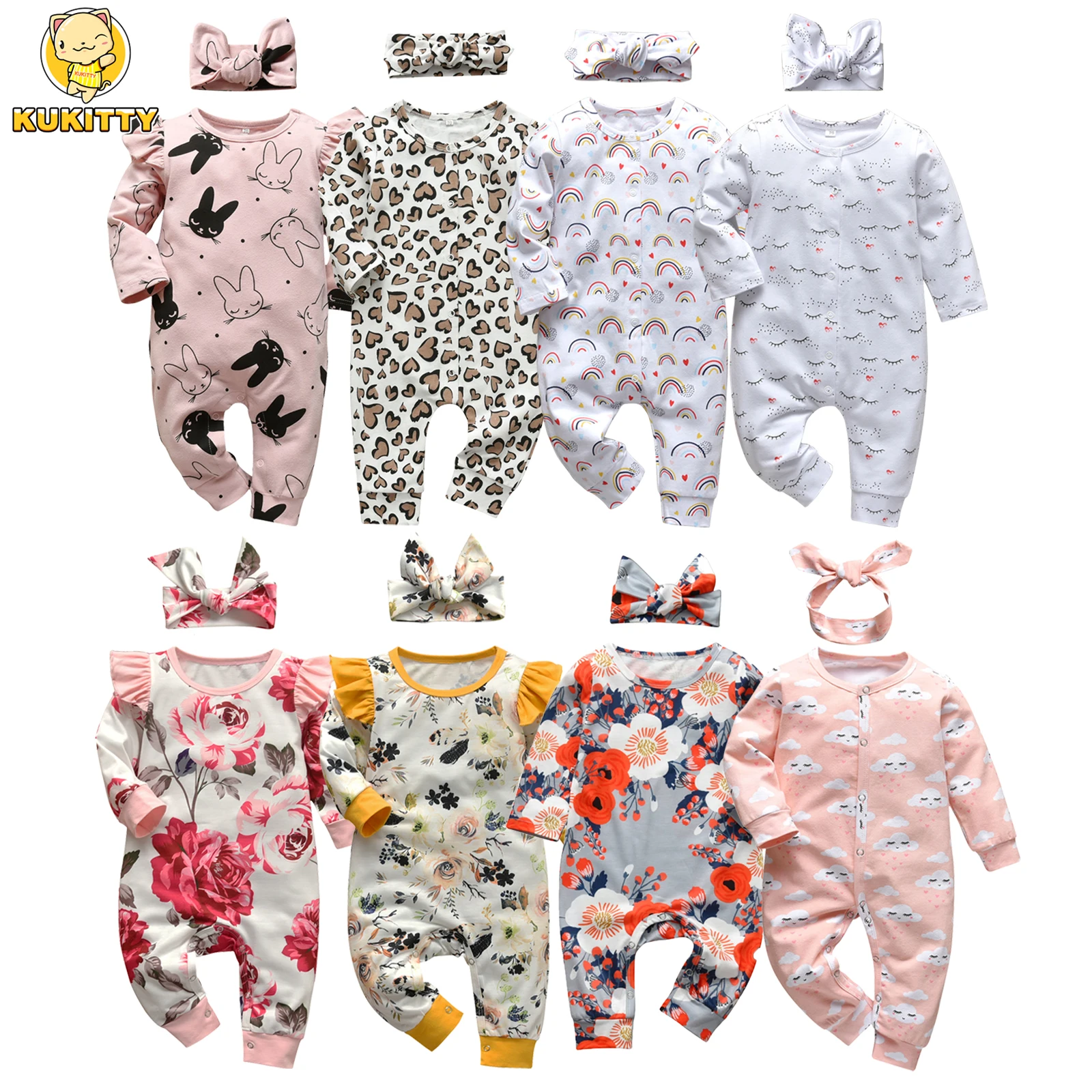 2Pcs Baby Girls Romper Cartoon Rabbit Pattern Cotton Long Sleeve Jumpsuit+Headband Outfits Set Newborn Infant Clothes