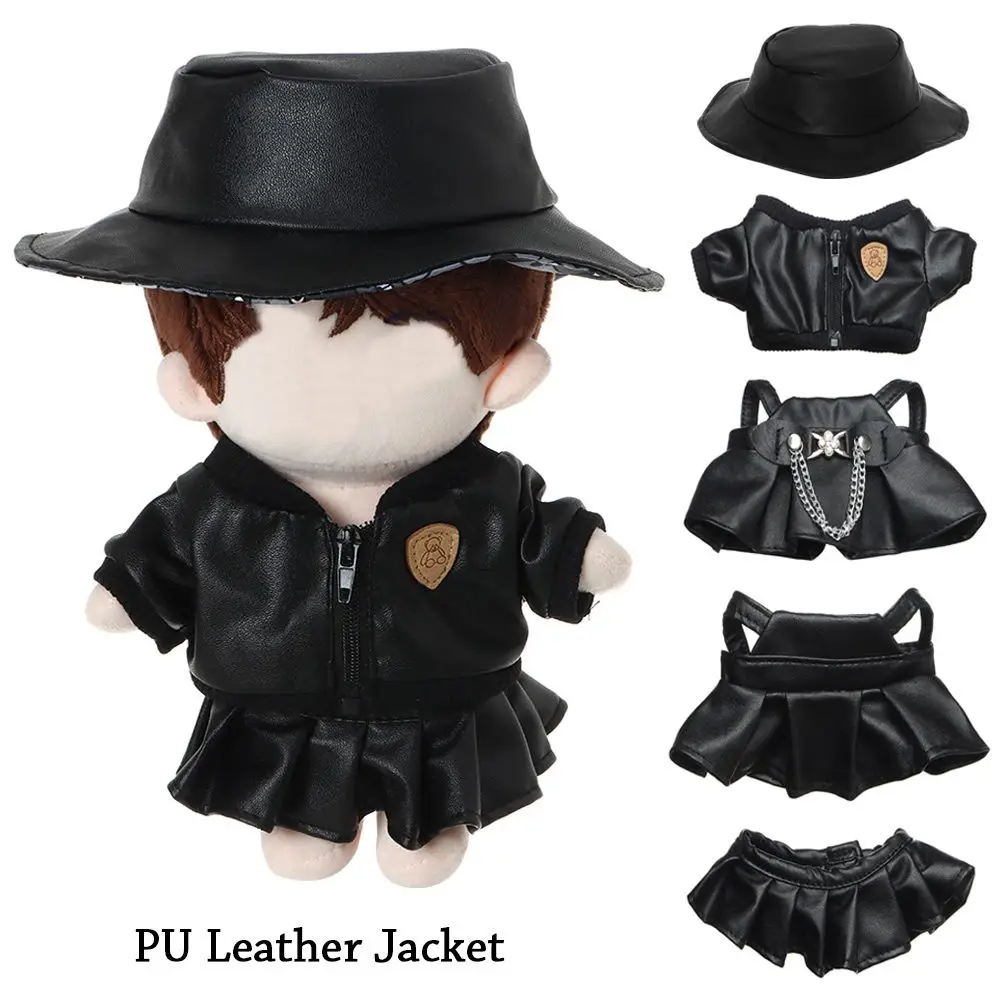 Black Doll Overalls Skirt Suit 20cm Cotton Doll Outfit Accessories Idol Doll Overalls PU Leather Jacket Plush Doll's Clothes