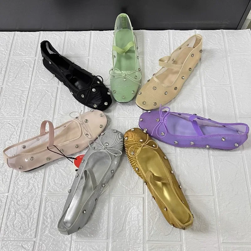 

Rhinestone Mesh Ballet Shoes Spring 2025 Plus Size New Purple Green Fashion, Breathable Comfortable Bow Mary Jane Shoes