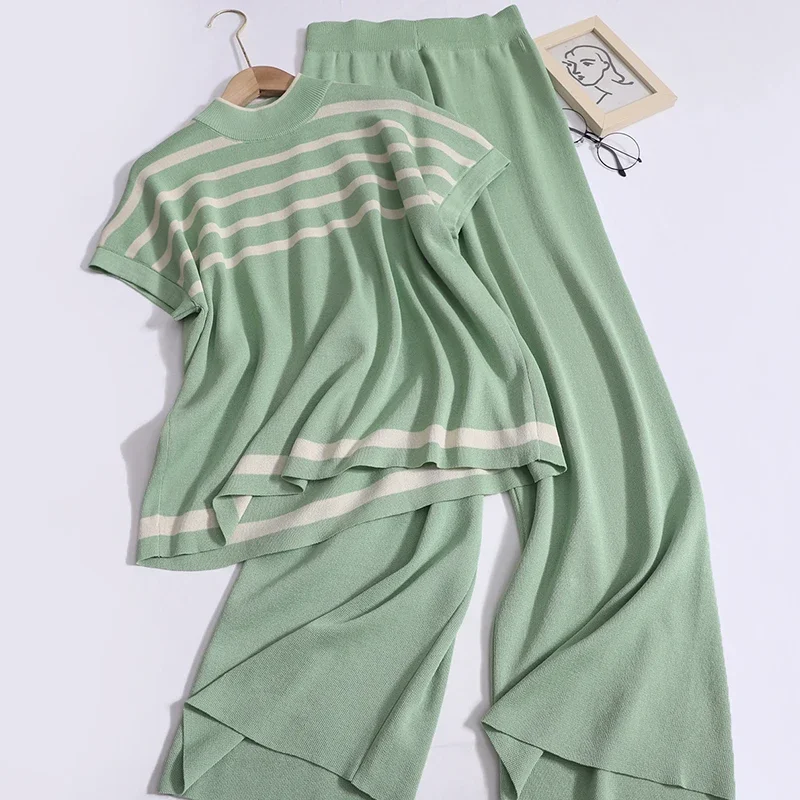 Women Summer Casual Loose Knit Two-piece Set Contrast Color Striped Split Tops and Solid High Waist Wide Leg Pants Office Outfit