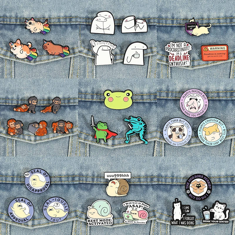 2-5pcs/set Corgi Cat Rainbow Enamel Pins Snail Seal Pun Bulk Brooch Work Humor Lapel Badge Moth Flork Memes Jewelry For Friends